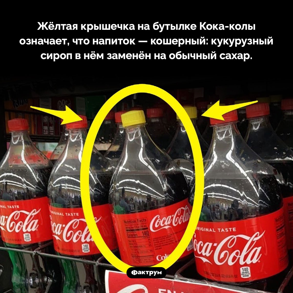 Кока-кола с жёлтой крышечкой является кошерной. Жёлтая крышечка на бутылке Кока-колы означает, что напиток — кошерный: кукурузный сироп в нём заменён на обычный сахар.