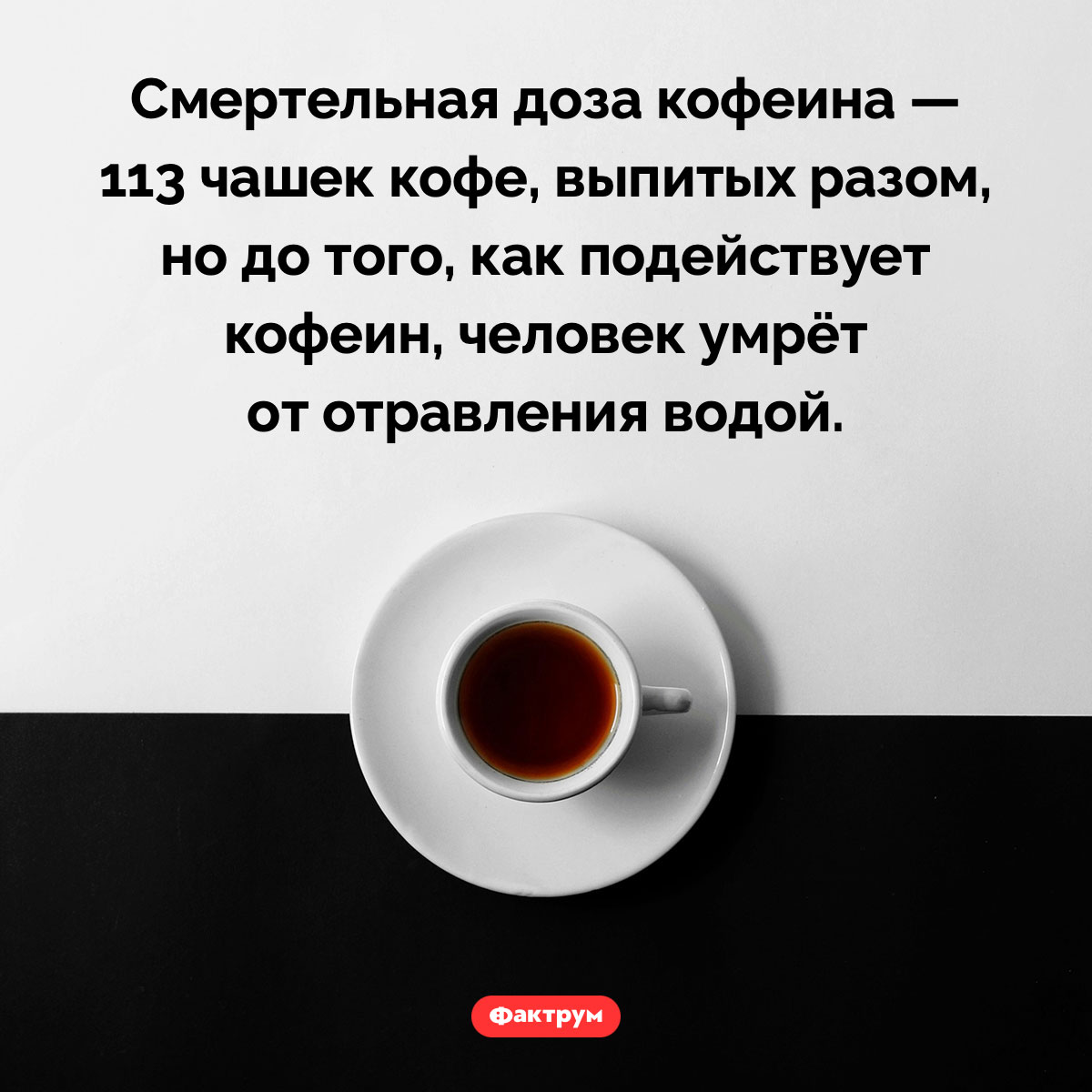 Невозможно выпить столько чашек кофе, чтобы фатально отравиться кофеином. Смертельная доза кофеина — 113 чашек кофе, выпитых разом, но до того, как подействует кофеин, человек умрёт от отравления водой.