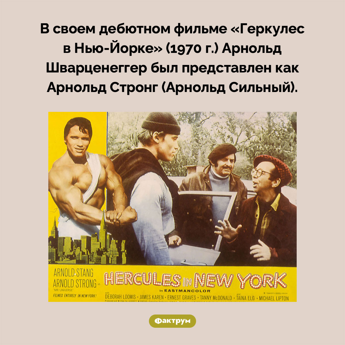 Кто такой Арнольд Стронг. В своем дебютном фильме «Геркулес в Нью-Йорке» (1970 г.) Арнольд Шварценеггер был представлен как Арнольд Стронг (Арнольд Сильный).