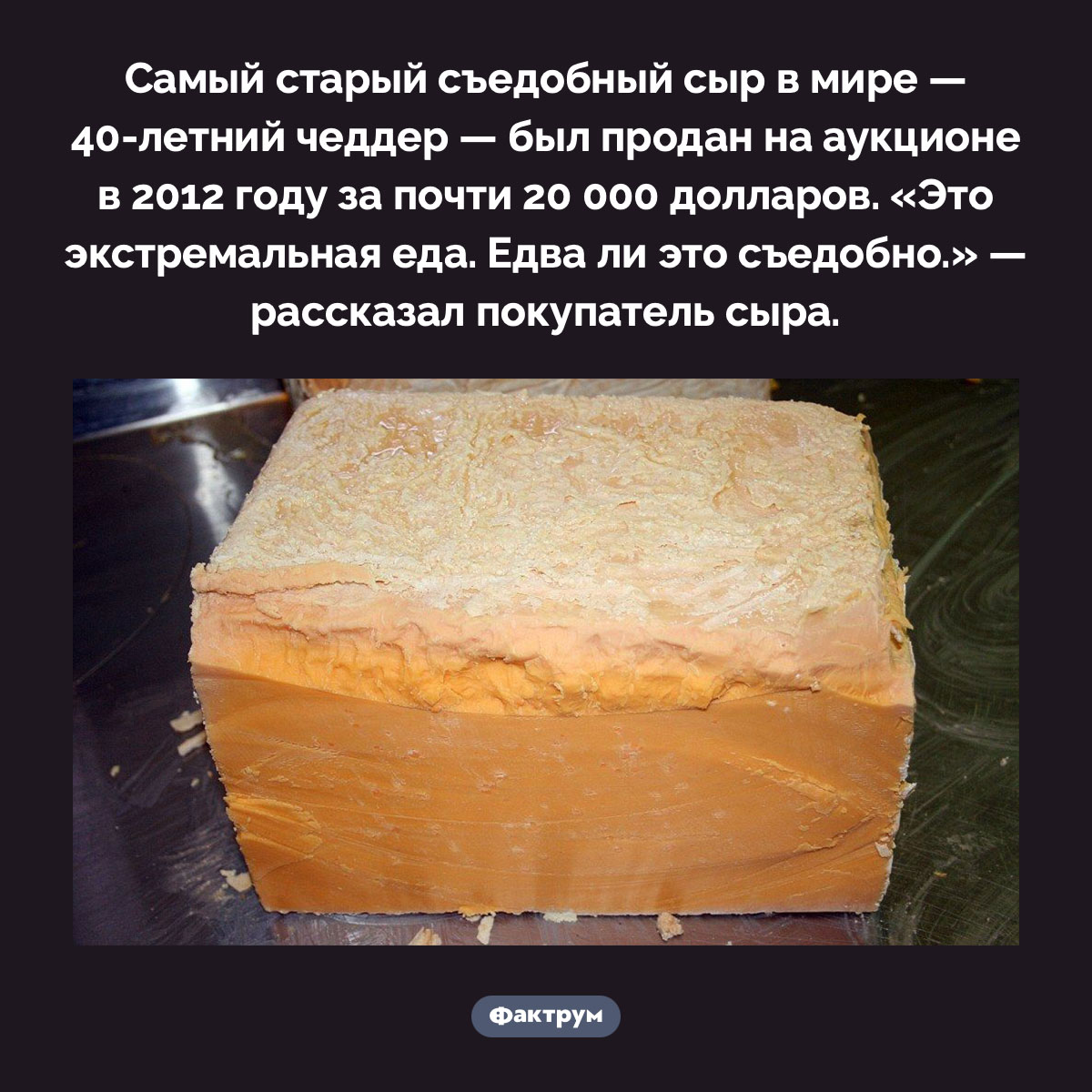 Самый старый съедобный сыр. Самый старый съедобный сыр в мире — 40-летний чеддер — был продан на аукционе в 2012 году за почти 20 000 долларов. «Это экстремальная еда. Едва ли это съедобно.» — рассказал покупатель сыра.