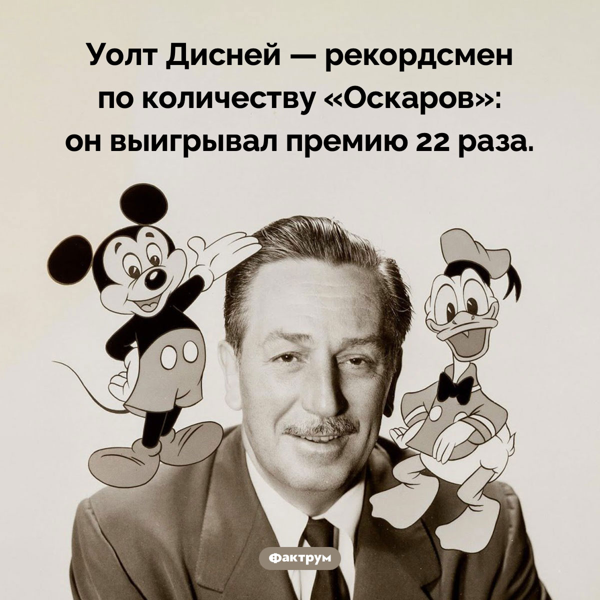 Самый оскароносный деятель в истории Голливуда. Уолт Дисней — рекордсмен по количеству «Оскаров»: он выигрывал премию 22 раза.