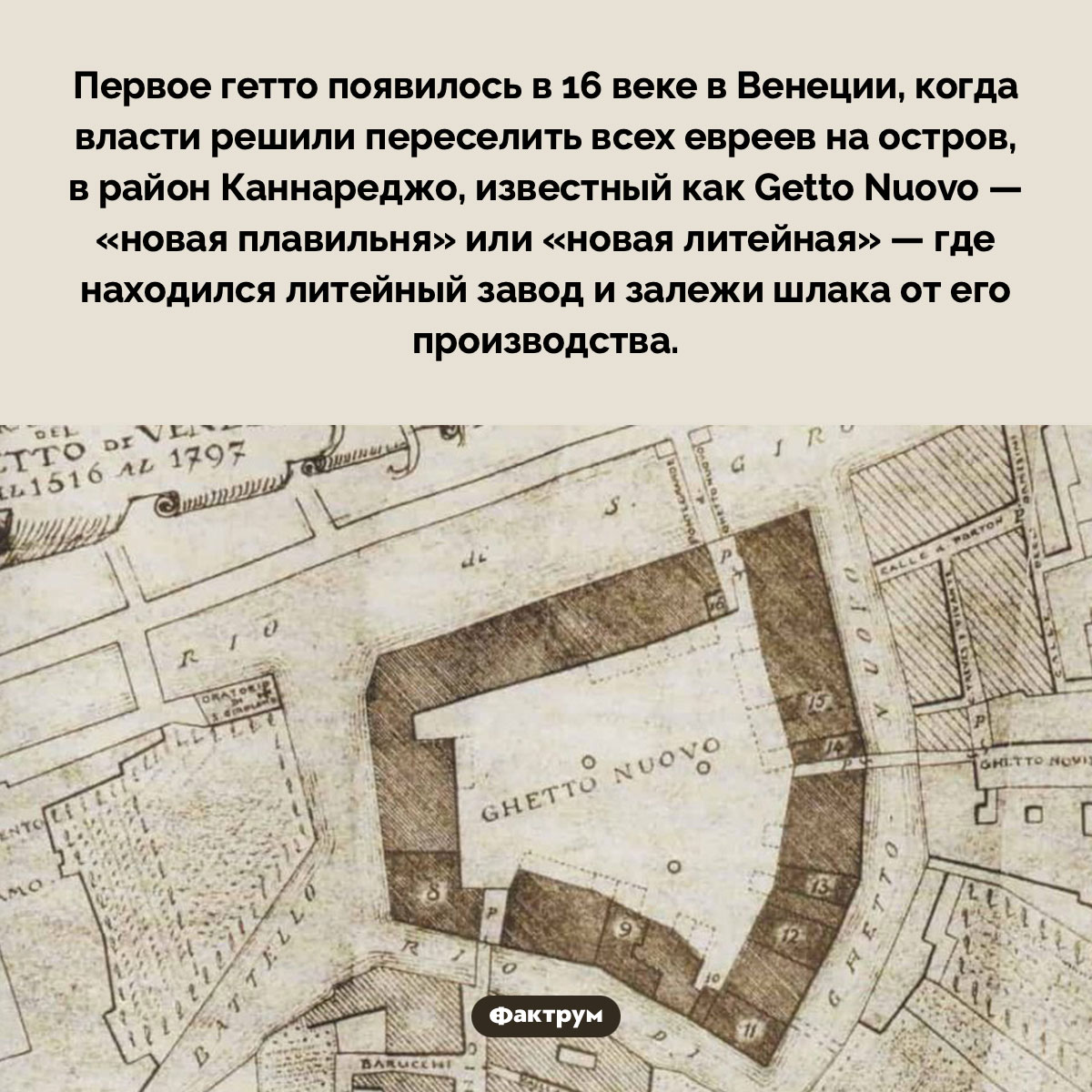 Слово «гетто» пришло из итальянского языка и означает «плавильня». Первое гетто появилось в 16 веке в Венеции, когда власти решили переселить всех евреев на остров, в район Каннареджо, известный как Getto Nuovo — «новая плавильня» или «новая литейная» — где находился литейный завод и залежи шлака от его производства.