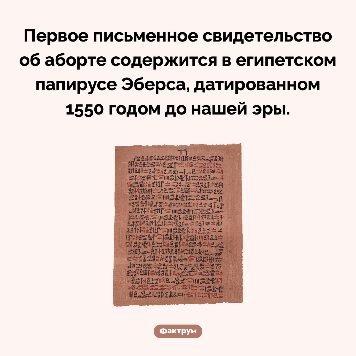 Первое упоминание о прерывании беременности. Первое письменное свидетельство об аборте содержится в египетском папирусе Эберса, датированном 1550 годом до нашей эры.