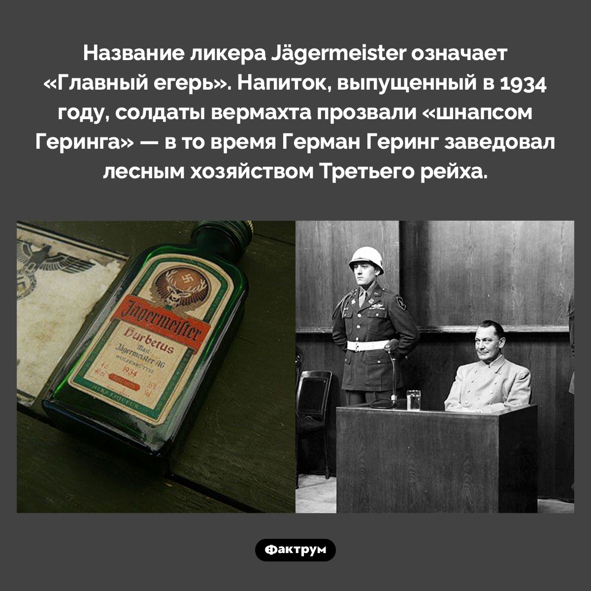 Шнапс Геринга. Название ликера Jägermeister означает «Главный егерь». Напиток, выпущенный в 1934 году, солдаты вермахта прозвали «шнапсом Геринга» — в то время Герман Геринг заведовал лесным хозяйством Третьего рейха.